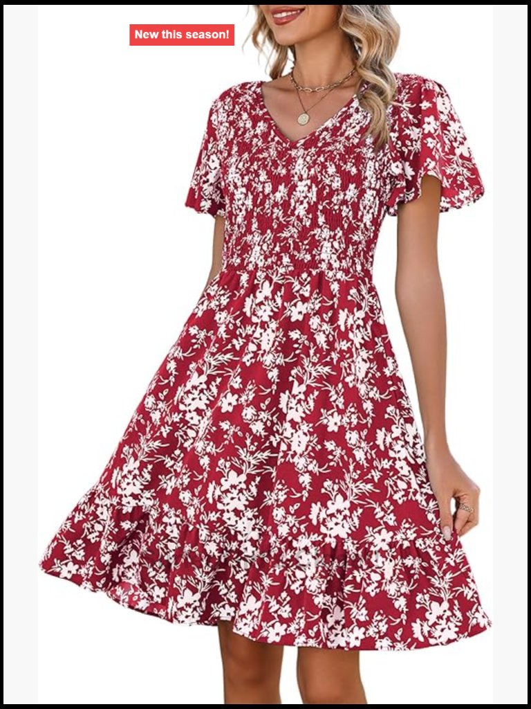 Flutter Sleeve Smocked V-Neck Tiered A-Line Casual Sundress With Pockets